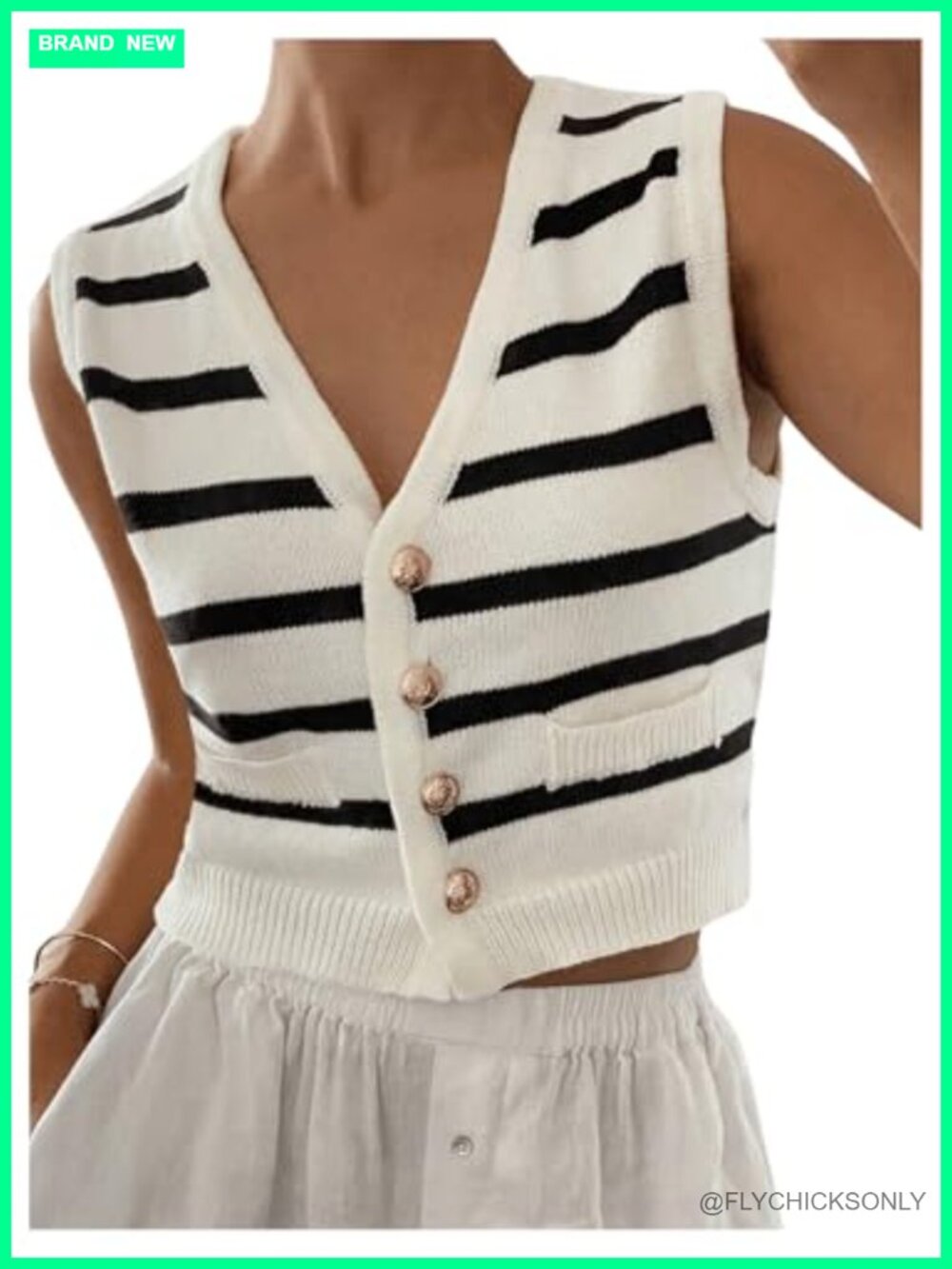 Women's Striped Button Up Cropped Sweater Vest Knit Tops Sleeveless
